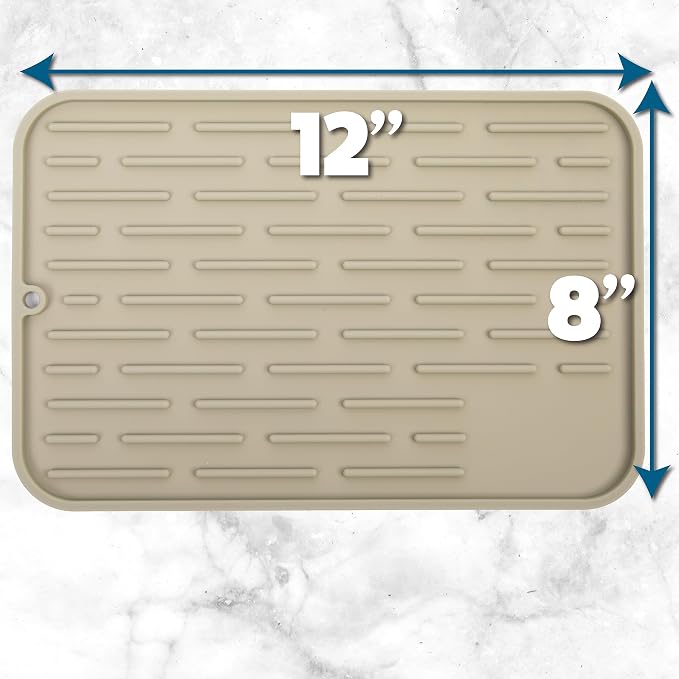Large Silicone Dish Drying Mat for Kitchen Counter or Under Sink, 16" x 12" Large, Waterproof Pet Feeding Mat, Water Bowls, Under Drying Racks for Dishes, Coffee Bars, Bar Mats (Beige)…