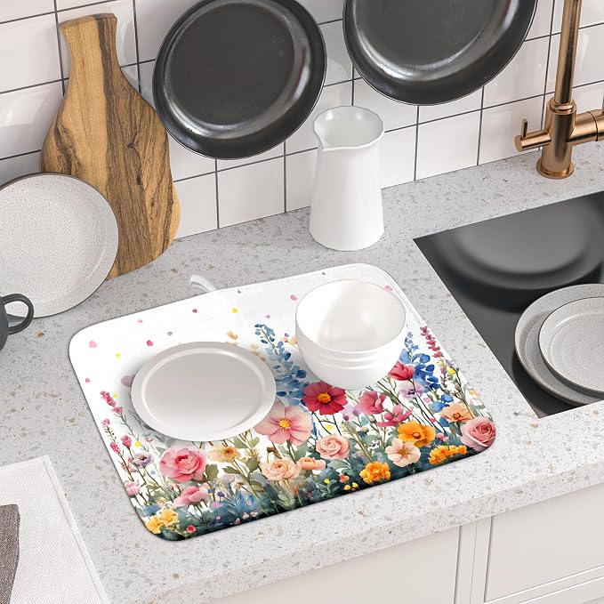 Colorful Flower Dish Drying Mat 16x18 Inch Botanical Floral Drainer Rack Mats Washable Absorbent Dish Dry Pad for Kitchen Counter Sink