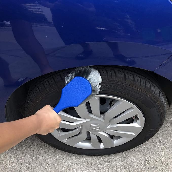 Wheel & Tire Brush for Car Rim, Soft Bristle Car Wash Brush | Car Tire Brush Cleans Tires & Releases Dirt and Road Grime, Short Handle Wheel Brush for Easy Scrubbing Blue