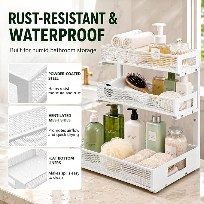 3 Tier Under Sink Organizer,1 Pack Pull Out Cabinet Shelves with Adjustable Height,Heavy Duty Carbon Steel L-Shaped Storage for Kitchen Bathroom Sink,Pantry & Laundry,White