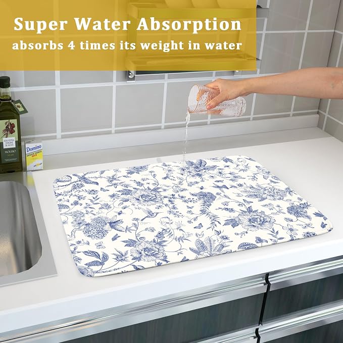 Giwawa Chinoiserie Flower Dish Drying Mat Blue Leaves Dishes Drying Pad Reusable Washable Kitchen Countertop Protector Dish Drainer Mat 18x24 Inch