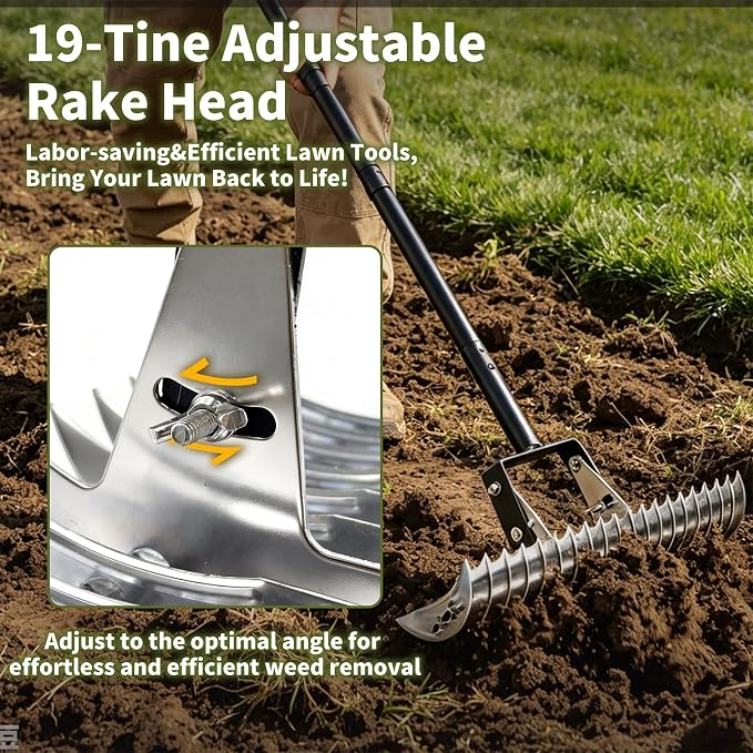 Dethatcher Rake 15-Inch Lawn Thatching Rake,19-Tine Heavy-Duty Steel Dethatching Rake with Adjustable Head&Long Handle,Durable Thatch Rake for Removing Dead Grass,Moss&Lawn Debris