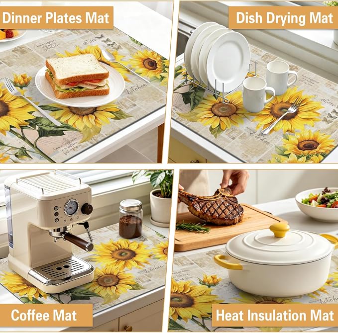 Sunflower Kitchen Countertop Dish Drying Mat,Super Absorbent Coffee Bar Mat for Maker Espresso Machine, Anti-Slip Accessories for Kitchen Countertops 24x18 Inch