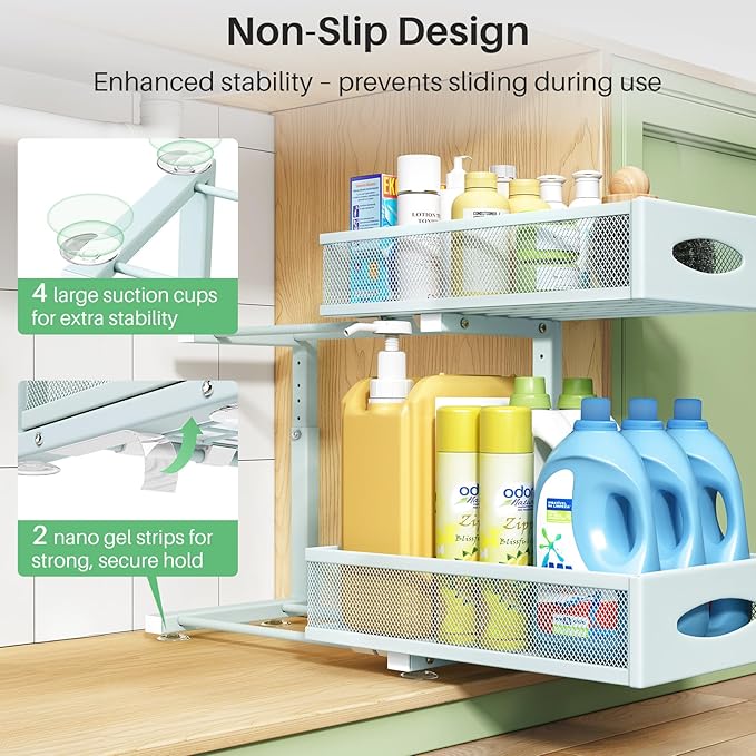 Under Sink Organizer, 2 Tier Pull out Cabinet Organizer Baskets with Mesh Sliding Drawers, Slide out Storage Shelf for Home, Kitchen, Bathroom, Pantry, Office Cabinet(1 Pack, Blue)