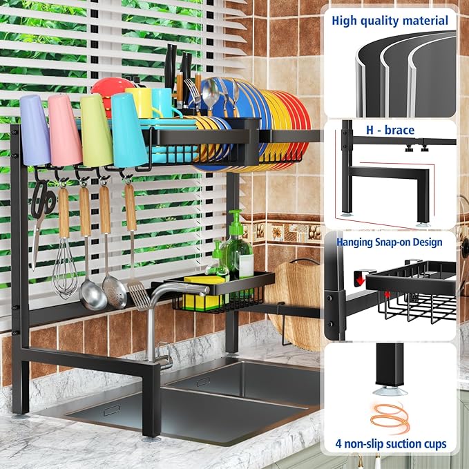 SNSLXH 2-Tier Over The Sink Dish Drying Rack, Kitchen Large Dish Drying Rack Over The Sink, Suitable for Most Sinks, Effective Dish Drying, Kitchen Drying Rack（26.57"-35"）