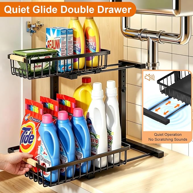 REALINN Under Sink Organizer, Height Adjustable 2 Tier Pull Out Cabinet Storage, L-Shaped Drawer Organizer for Kitchen Sink Organizer, Bathroom Organizers and Storage, Smooth Sliding Rails, Black