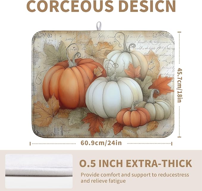 Fall Dish Drying Mats for Kitchen Counter Autumn Pumpkin Maple Leaf Vintage Drying Mats Thanksgiving Holiday Dishes Drainer Pad Microfiber Absorbent Reversible Dish Draining Mat 18x24 Inch