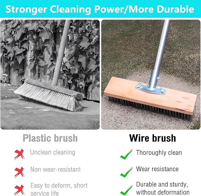 Concrete Scrub Brush - Concrete Brush Wire Broom with 62" Long Handle - Deck Brushes for Scrubbing Heavy Duty Stiff Metal Bristle Floor Scrubber Brushes for Cleaning Moss Grout Garage Patio