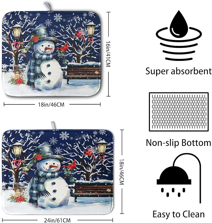 Winter Snowman Dish Drying Mat for Kitchen Counter 16x18, Xmas Snowflakes Dish Drainer Mat Snowy Night Drying Kitchen Mats Cardinal Birld Dish Pad Absorbent Reversible Coffee Mats for Dishes