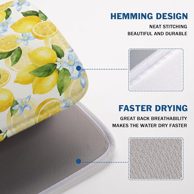 Kawani Lemon Dish Drying Mat 18x24 Inch Absorbent Reversible Summer Drying Mat Floral Lemon Fruits Dish Drying Rack Mat Yellow Summer Themed Dish Drainer Mat for Kitchen Counter Coffee Bar