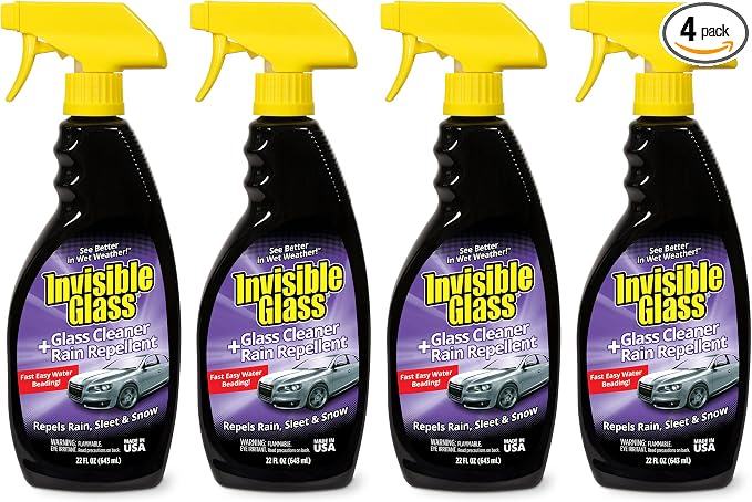 Invisible Glass 92184-4PK Glass Cleaner + Rain Repellent 2-in-1 Windshield and Window Spray, Cleans Auto Glass, Repels Rain, Sleet, Snow, Improves Wet Weather Visibility – 22 fl oz (Pack of 4)