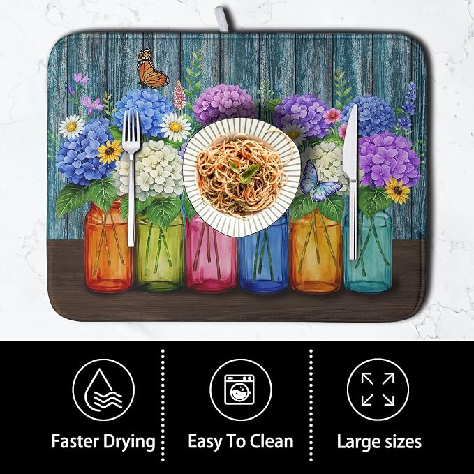 Hydrangea Dish Drying Mat Spring Summer Floral Jars Kitchen Drying Mats for Countertops Vintage Flower Vases Dish Draining Mat Microfiber Absorbent Dish Rack Pad 18x24 Inch