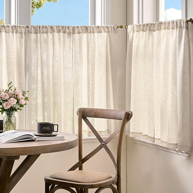 jinchan Linen Kitchen Tier Curtains, 38x36, 2 Panels, Natural | Light filtering, linen blend, rod pocket, farmhouse style, rustic decor, kitchen, bathroom, laundry room, RV, small windows