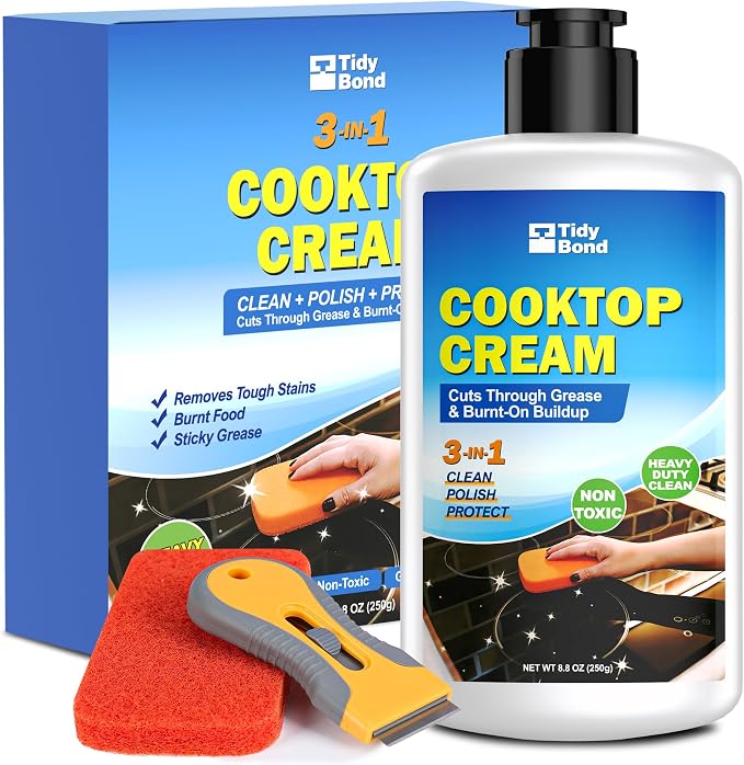 Glass Cooktop Cleaner & Polish Kit – Heavy Duty Stove Top Cleaner with Scraper & Scrubbing Pad, Removes Burnt-On Food, Grease & Tough Stains, Safe for Induction, Electric & Ceramic Cooktops – 8.8 oz