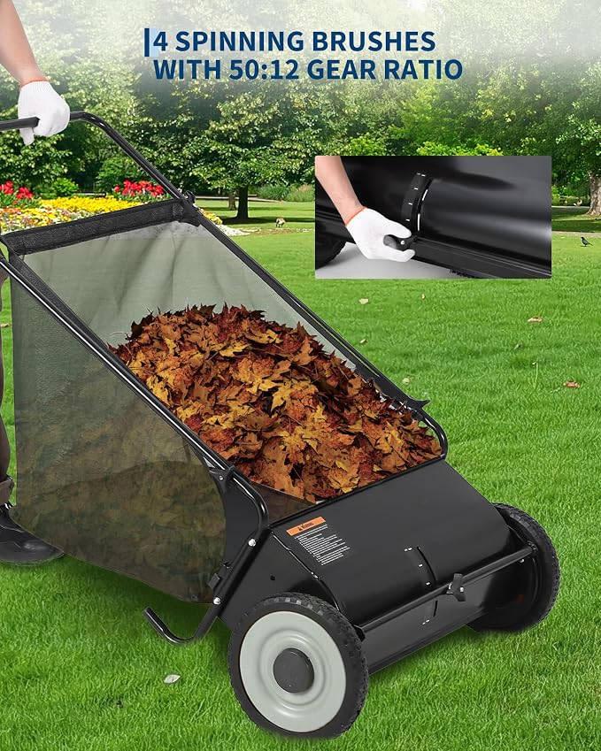 Garvee 21 Inch Push Lawn Sweeper, 3.5 Cu. Ft. Hopper Capacity Grass Sweeper, Manual Push Yard Sweeper with Height Adjustment & 4 Fast Spinning Brushes for Grass Clippings, Leaves & Debris, Black | Manual Push Yard Sweeper with Height Adjustment & 4 Fas...