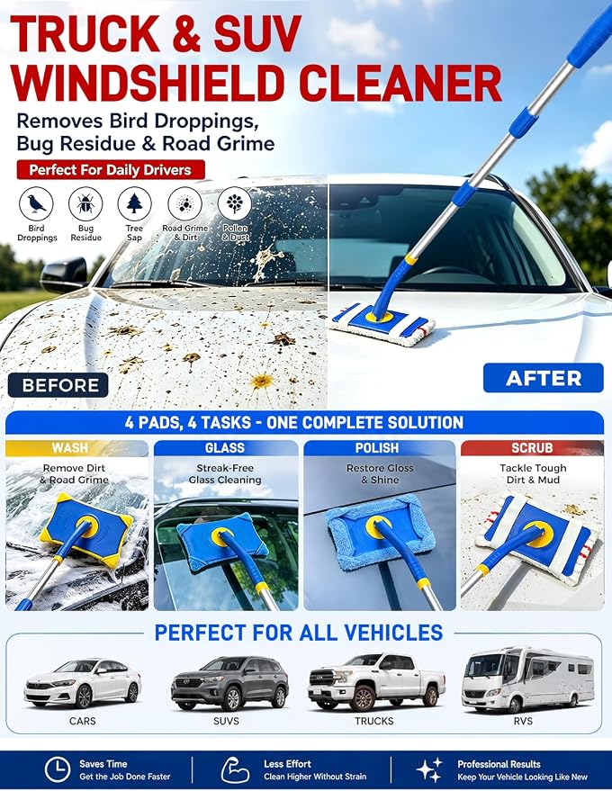 XINDELL Long Reach Windshield Cleaner Tool, 28"-44.5" Extendable Car Glass Cleaner with Curved Pole & Pivot Head, Inside Windshield Cleaner for SUV Truck RV, 4 Microfiber Pads | Curved Pole Pivot Head