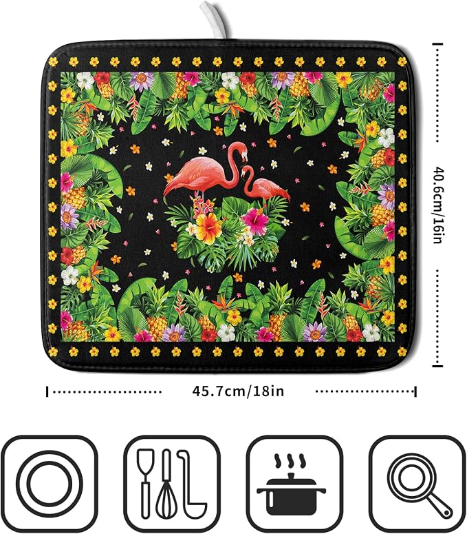 Giwawa Tropical Flamingo Dish Drying Mat Palm Leaves Absorbent Dishes Drainer Pad Microfiber Dish Rack Mat for Kitchen Countertop Decor 16x18 Inch