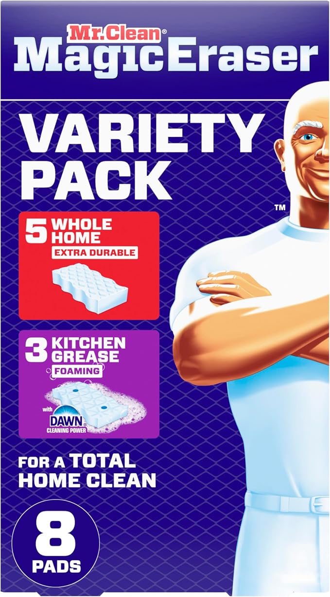 Mr. Clean Magic Eraser Sponge, All Purpose Cleaner, Cleaning Scrubber, Wall, Kitchen, Bathroom, Shower Cleaner, Melamine Sponge, Cleaning Pads, Variety Pack, 5 Extra Durable, & 3 Grease Magic Erasers