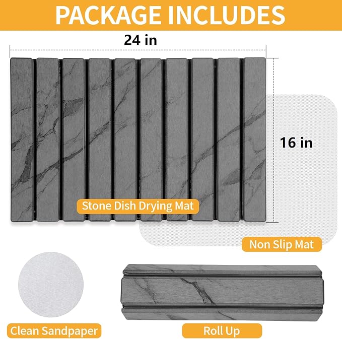 Stone Dish Drying Mat for Kitchen Counter, 24"×16" Quick Dry Stone Dishes Mat, Foldable Water Absorbing Diatomaceous Earth Drying Mats with Non-Slip Heat-Resistant Base for Dishes Utensils(Dark Gray)
