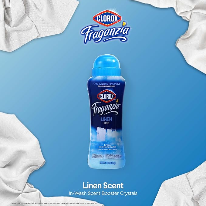 Clorox Fraganzia Laundry Scent Booster Crystals, In-Wash Fragrance Beads for Fresh-Smelling Clothes & Linens, Safe for All Fabrics & Colors, Linen Scent, 18 Oz, 2 Pack