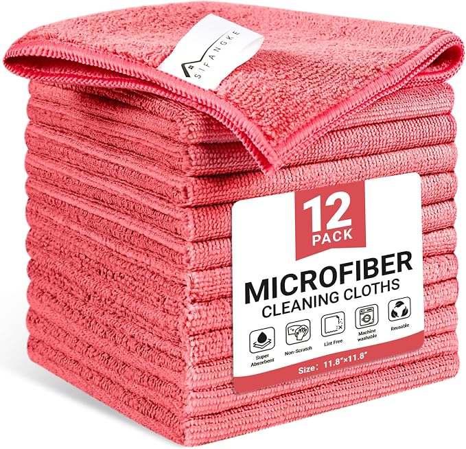 SIFANGKE Microfiber Cleaning Cloth, 12 Pack Pink Cleaning Rags for Housekeeping, Reusable Microfiber Towels for Car, Kitchen, Bathroom and Household Cleaning Supplies, 11.8"X11.8"