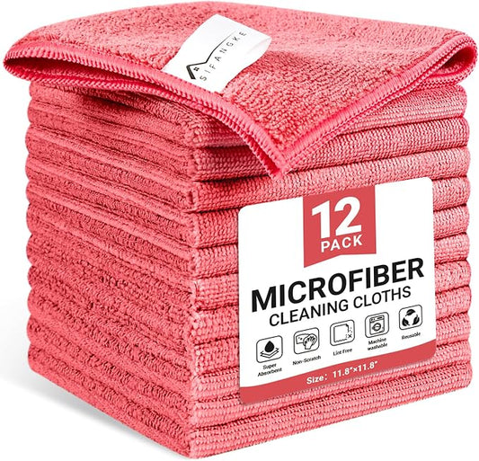 SIFANGKE Microfiber Cleaning Cloth, 12 Pack Pink Cleaning Rags for Housekeeping, Reusable Microfiber Towels for Car, Kitchen, Bathroom and Household Cleaning Supplies, 11.8"X11.8"