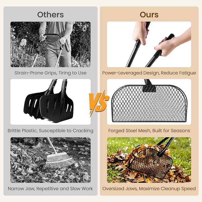 Leaf Grabber Rake with Long Handle - Heavy Duty Metal Leaves Collector & Yard Waste Picker Upper - Ergonomic Lawn Grabbers & Scoops for Grass, Debris, Twigs - No-Bending Yard Clean Up Tool