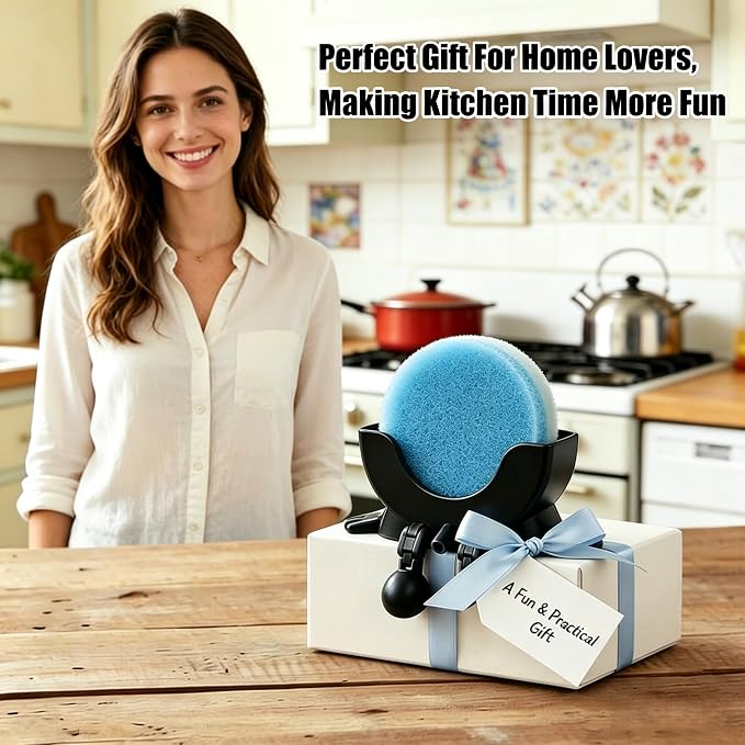 Cute Hanging Sponge Holder with Drainage,3D Printed Kitchen Funny Sponge Stand for Sink,with non-slip pads,Suitable for Scrub Daddy Holder,Keeps Your Sponge Dry Smiling (Black)