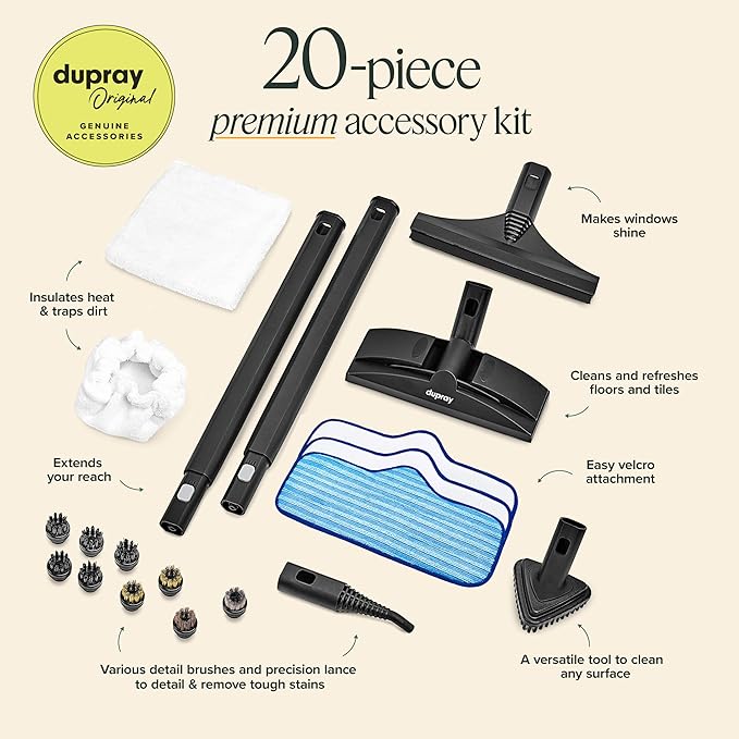 Dupray Neat Steam Cleaner for Home - 20 pieces | Powerful multipurpose steamer | Chemical-free cleaning for floor, car, wall, grout & kitchen | Steam mop|20 Accessories