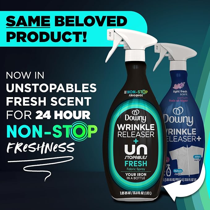 Downy Wrinkle Releaser Spray, All In One Wrinkle Release Spray, Odor Eliminator, Static Remover, Fabric Refresher & Ironing Aid for Clothes, 33.8 Fl Oz (Pack of 2), Unstopables Fresh Scent