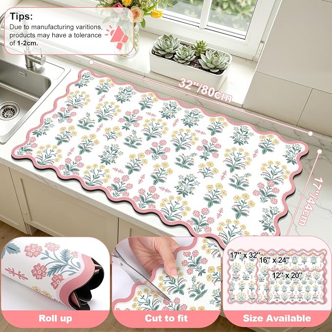 LOKHOM Scalloped Floral Dish Drying Mat, 17"x32" Super Absorbent Coffee Mat with Unique Pink Pastoral Floral, Cuttable Hide Stain Non-slip Drying Mat for Kitchen Counter Coffee Maker Espresso Machine