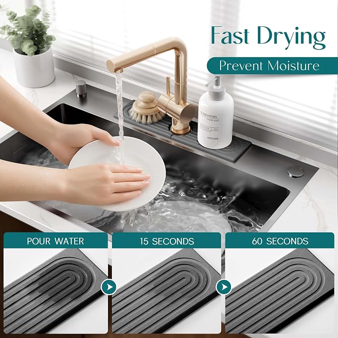 Eormoe Kitchen Sink Faucet Mat - 15.7in Diatomite Sink Protectors for Kitchen Sink, Stone Sink Splash Guard for Kitchen Counter Sink Accessories (Dark Grey, 15.7'' x 3.9'')
