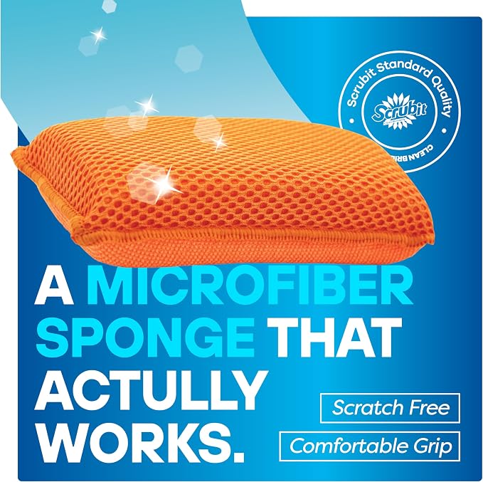 SCRUBIT Reusable Sponges for Dishes - 12 Pack Microfiber Sponges Kitchen Dish Scrubber, Machine Washable & Non-Scratch Scrubbers (Orange)