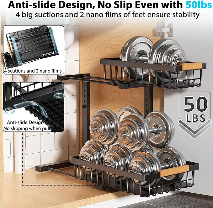 Liuoud Under Sink Organizer 2 Pack, 2 Tier Slide Out Large Capacity Height Adjustable Under Sink Organizers and Storage for Kitchen Bathroom Cabinet, Black