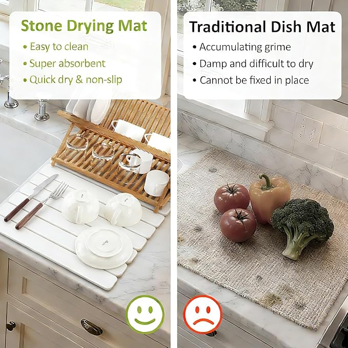 Large Stone Dish Drying Mat for Kitchen Counter, 24"(L)×16"(W), Collapsible Quick Dry Diatomaceous Earth Mat, Super Absorbent Drying Pad for Dishes Bottles Cups Utensils, Heat Resistant (White)