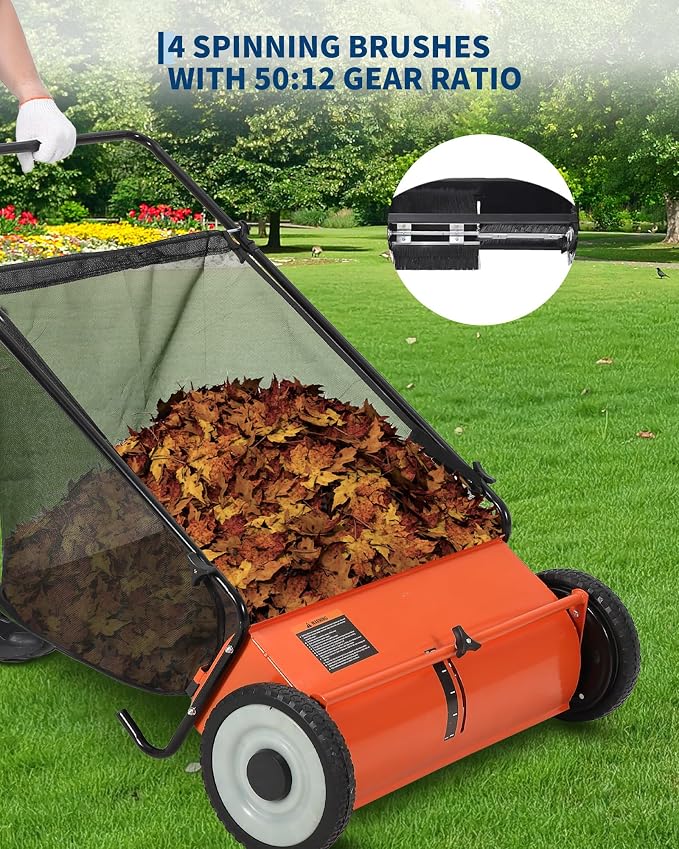 Garvee 26" Push Lawn Sweeper, 7 Cu. Ft. Hopper Capacity Grass Sweeper, Manual Push Yard Sweeper with Height Adjustment & Spinning Brushes, Heavy Duty Lawn Sweeper with Steel Wheels, Orange | Manual Push Yard Sweeper with Height Adjustment & Spinning Br...