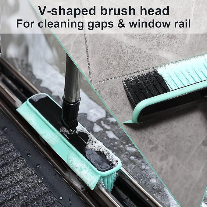 Grout Cleaner Brush with Long Handle, V-Shaped Floor Scrub Brush Swivel Grout Brush Stiff Bristle Floor Grout Scrubber for Bathroom, Tile Line, Crevice, Kitchen, Wall, Deck, Garage (Green)