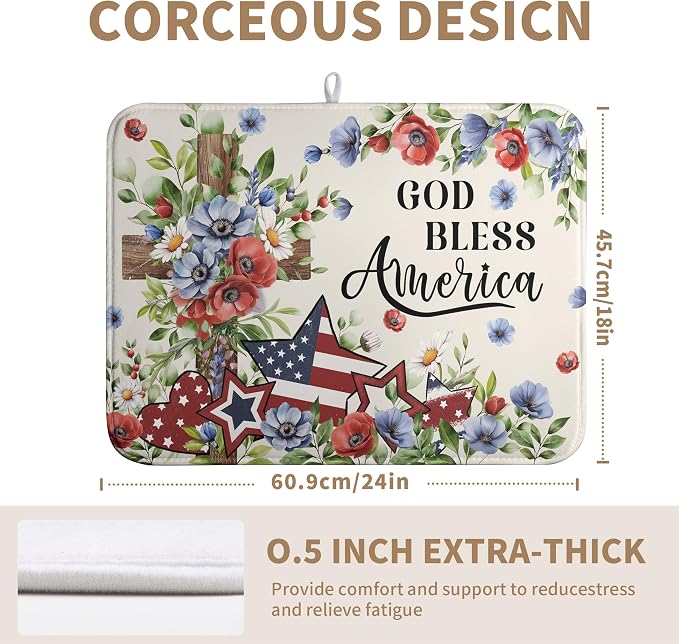 4th of July Drying Mat for Kitchen Counter Patriotic Floral Cross Stars Dish Drying Pad Independence Day Absorbent Microfiber Washable Dish Draining Mat Extra Large 18"x24"