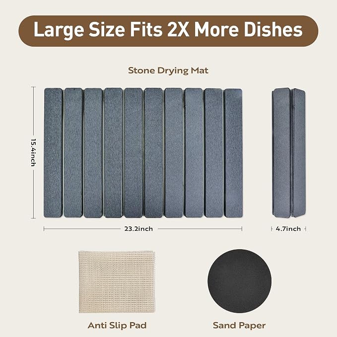 Large Stone Drying Mat for Kitchen Counter 24x16 Inch, Diatomaceous Earth Super Absorbent | Quick Dry Non-Slip Collapsible Dish Mat for Dishes Utensils Cups | Eco-Friendly Counter Protector, Dark Grey