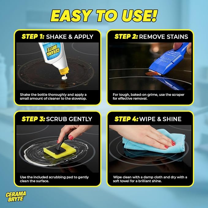 Cerama Bryte Cooktop Cleaning Kit, 10 oz Bottle, Scraper, Tool & Pad