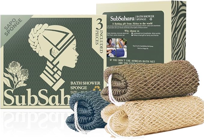 SubSahara Authentic African Net Sponge - 3 Pack Exfoliating Bath & Shower Loofah Sponge for Body & Face, Gentle Scrubber for All Skin Types, Travel, Durable
