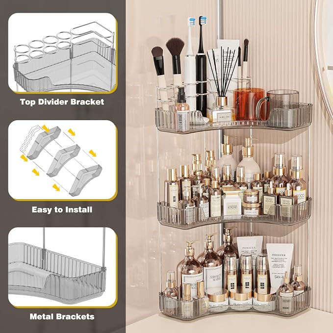 Asayuee 3-Tier Corner Bathroom Counter Organizer with Top Toothbrush Holders,Large Makeup Organizer Countertop with Brush Holder,Skincare Organizers Corner,Exquisite Vanity Organizer (Gray, 3 Tier)