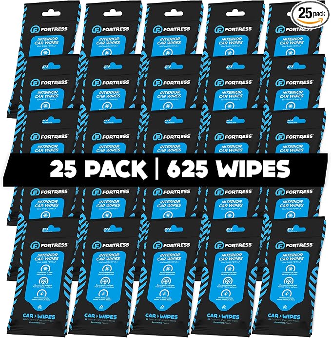 Fortress Car Interior Wipes (25 ct, Pack of 25) for Car Interior Cleaning, Dashboard, Seats, Detailing, and Steering Wheel [Travel Size] Skin-Safe Car Interior Cleaner Supplies