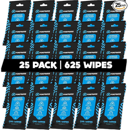 Fortress Car Interior Wipes (25 ct, Pack of 25) for Car Interior Cleaning, Dashboard, Seats, Detailing, and Steering Wheel [Travel Size] Skin-Safe Car Interior Cleaner Supplies