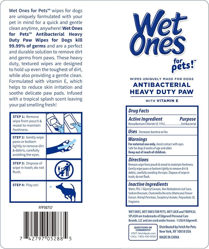 Wet Ones for Pets Antibacterial Heavy Duty Dog Paw Wipes with Tropical Splash Scent - Kills 99.99% of Germs, Thick Durable Disposable Paw Wipes for Dogs, 50 Count