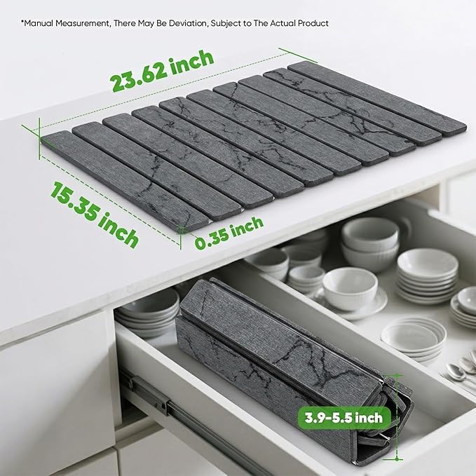 Stone Drying Mat for Kitchen Counter, Quick Diatomaceous Earth Mats for Dishes, 24"L x 16" W Super Absorbent Fast-Drying Collapsible Countertop Stone Mat (Marble Grey, 24" x 16")
