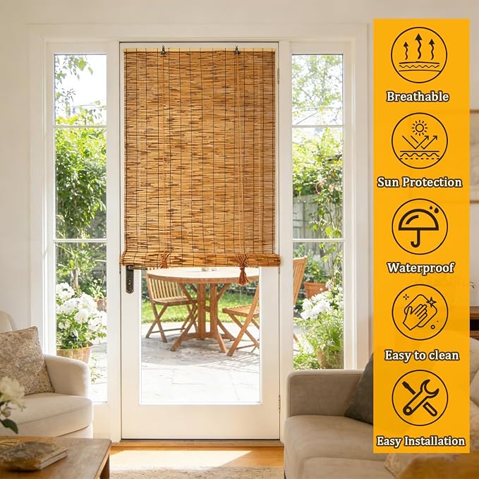 Outdoor Retro Bamboo Shades for Home Garden Bamboo Porch Light Filtering Roller Blinds Cordless Waterproof Sun Shade Roll Up Curtain with Lifter Blackout Privacy Screen