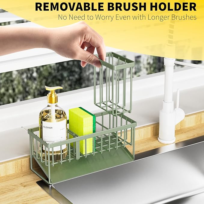 Cisily Kitchen Sink Caddy, Sponge Holder for Kitchen Sink, Kitchen Sink Organzier and Storage with High Brush Holder, 304 Stainless Gadgets Sink Accessories, Organizadores de Cocina Sage Green