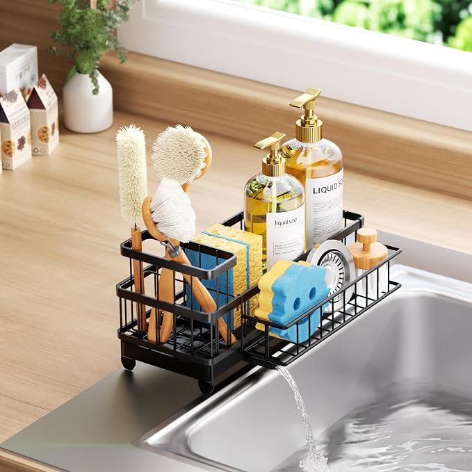Consumest Sponge Holder for Kitchen Sink - Auto Draining Sink Caddy Organizer with Detachable Rack, High Brush Holder, Kitchen Countertop Storage Accessories, Black-Large
