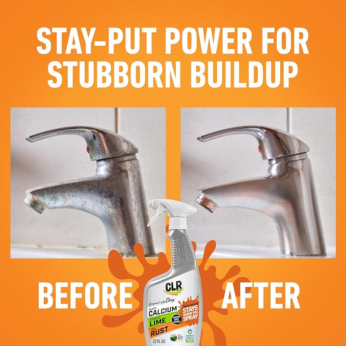 CLR Brands Calcium, Lime & Rust Remover with Cling, 22 oz. Spray Bottle, Adheres to Hard-to-Reach Surfaces, Blasts Calcium, Dissolves Lime Deposits, Zaps Stubborn Rust Stains and Hard Water Deposits